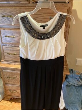 Valerie Bertinelli Black and White Midi Dress with Beaded Neckline